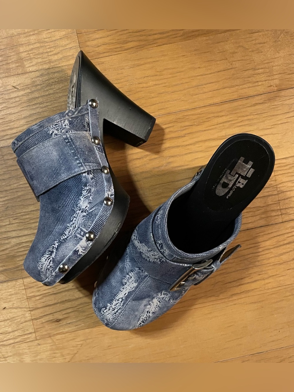 Vintage Browns ID Distressed Denim Platform Clogs - Made in Italy